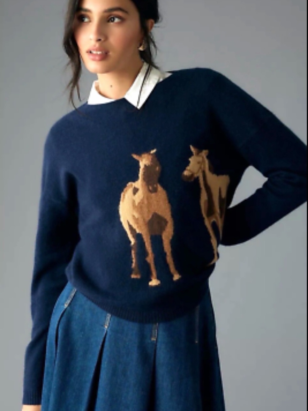 RARE Anthropologie Maeve Cashmere Intarsia Horse Sweater Navy Blue
Size: XS